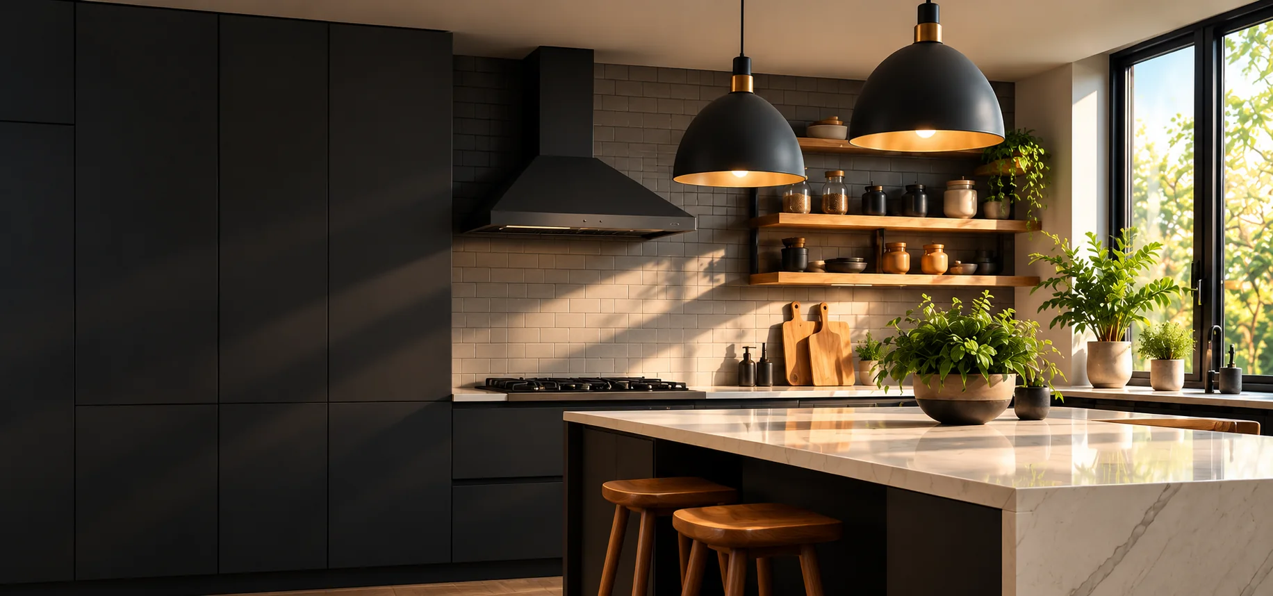 Modern kitchen design inspiration with charcoal cabinets, marble island and warm wood shelving.
